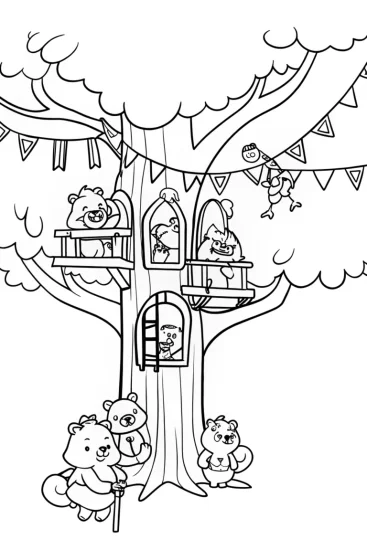 A coloring page of Care Bears’ Friendship Treehouse Adventure Coloring Page