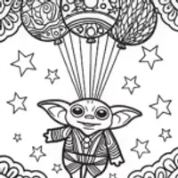 Baby Yoda’s Cosmic Balloon Adventure Coloring Page