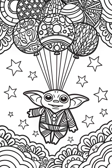 A coloring page of Baby Yoda’s Cosmic Balloon Adventure Coloring Page