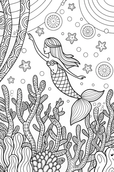 A coloring page of Mermaid’s Celestial Journey Coloring Page