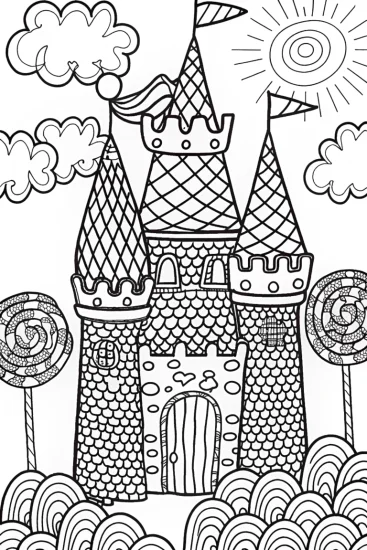A coloring page of Ice Cream Castle Adventure Coloring Page