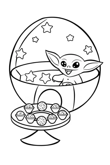 A coloring page of Baby Yoda’s Cosmic Snack Time Coloring Page
