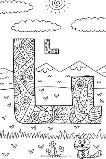 A coloring page of Letter L Coloring Page with a Cute Cat