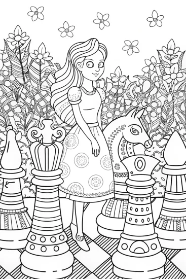 A coloring page of Alice in the Enchanted Chess Garden Coloring Page
