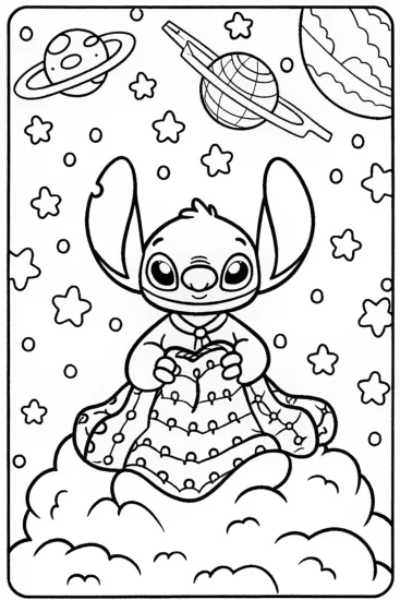 A coloring page of Stitch’s interstellar quilt journey coloring page