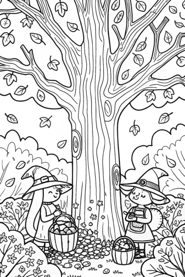 A coloring page of Whimsical Witches’ Autumn Gathering Coloring Page
