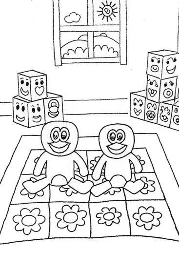 A coloring page of Huggy Wuggy and Kissy Missy Puzzle Playtime Coloring Page