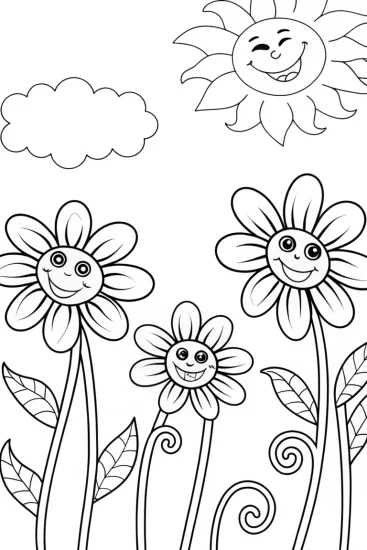 A coloring page of Flower Friends on a Windy Day Coloring Page