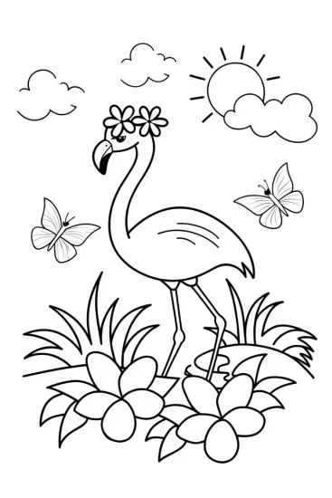 A coloring page of Flamingo Fiesta in a Tropical Garden Coloring Page