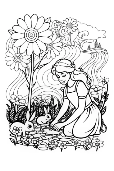A coloring page of Belle’s magical gardening journey