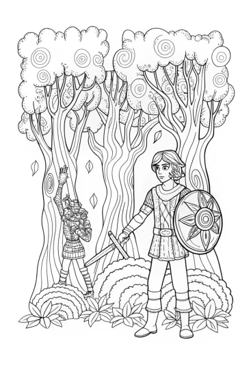 A coloring page of Champions Training in the Enchanted Forest Coloring Page