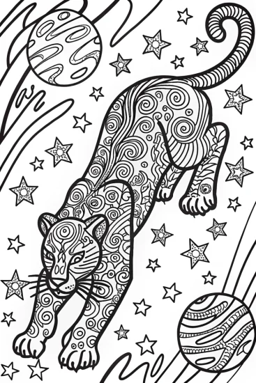 A coloring page of Black Panther in a Cosmic Dance Coloring Page