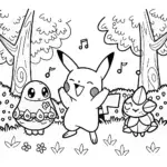 Pikachu’s Forest Dance Party Coloring Page