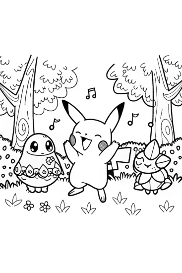 A coloring page of Pikachu’s Forest Dance Party Coloring Page