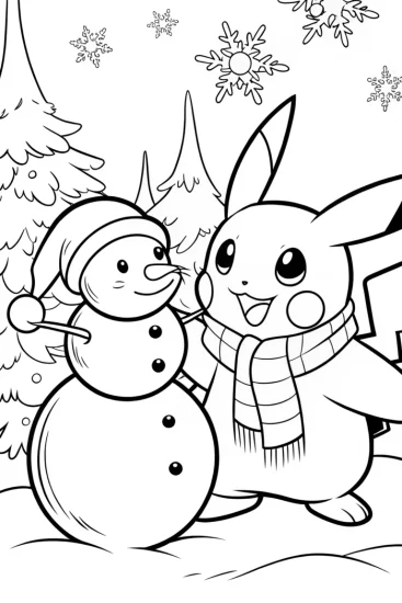 A coloring page of Pikachu’s Cozy Winter Wonderland Coloring Page
