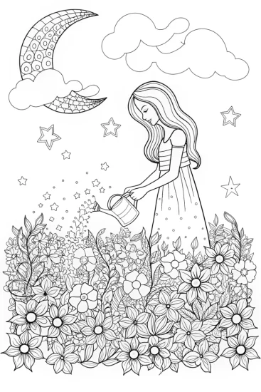 A coloring page of Barbie’s Dreamy Starlit Garden Coloring Page