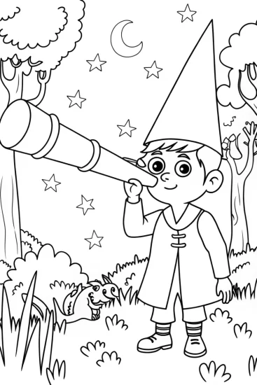 A coloring page of Norbert the Gnome’s Telescope Adventure Coloring Page