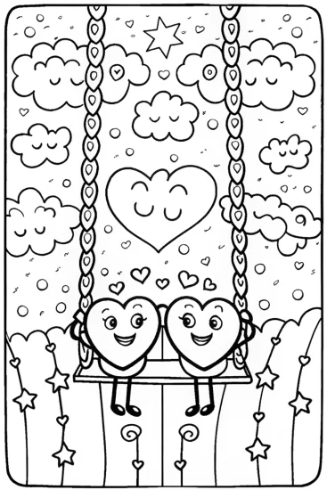A coloring page of Heart Characters on a Swing Coloring Page