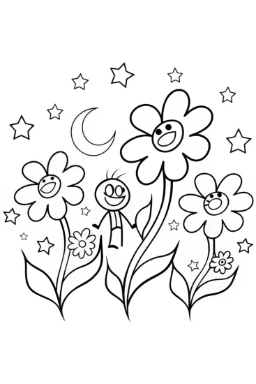 A coloring page of Huggy Wuggy’s Magical Garden Adventure Coloring Page
