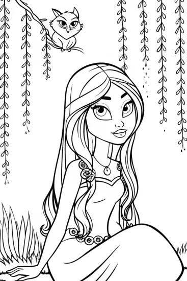 A coloring page of Jasmine and the Whispering Willows Coloring Page