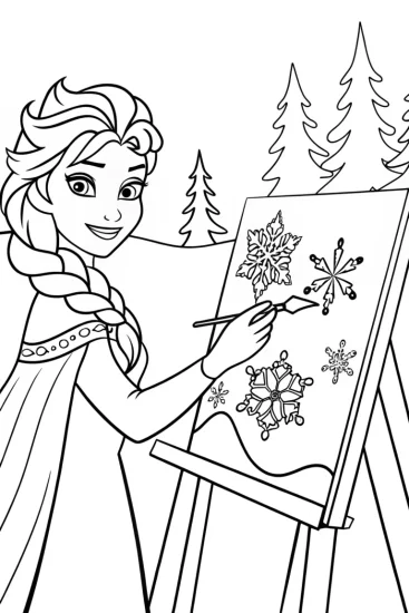 A coloring page of Elsa’s Enchanted Ice Painting Coloring Page