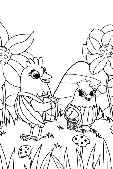 A coloring page of Chickens on a Treasure Hunt Coloring Page