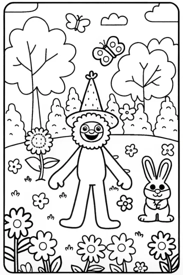 A coloring page of Huggy Wuggy’s Magical Garden Fiesta Coloring Page