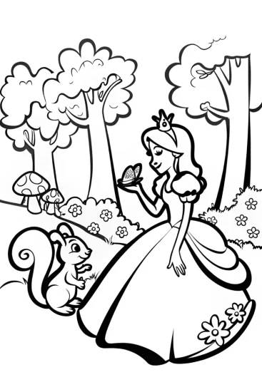 A coloring page of Enchanted princess surrounded by nature
