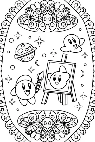 A coloring page of Kirby’s Galactic Art Adventure Coloring Page