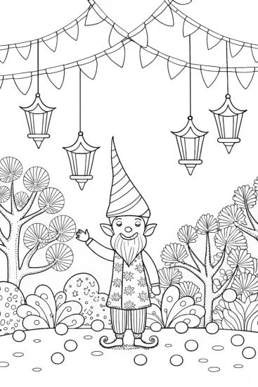 A coloring page of Gnome at the Bubble Festival Coloring Page