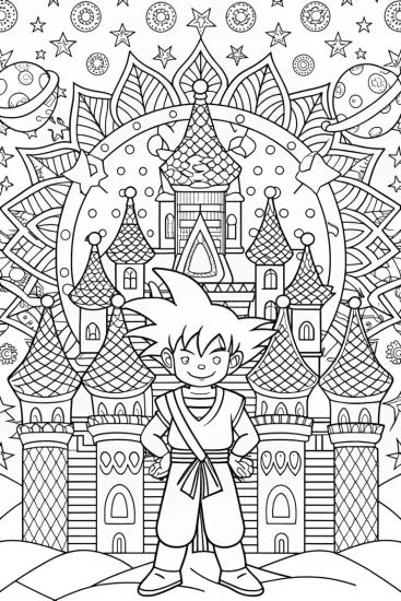 A coloring page of Goku’s Cosmic Castle Adventure Coloring Page