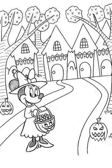 A coloring page of Minnie Mouse’s Trick or Treat Adventure Coloring Page