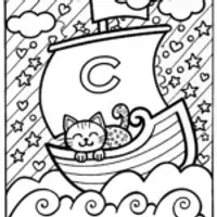Cheerful Cat on Cloud Ship Coloring Page