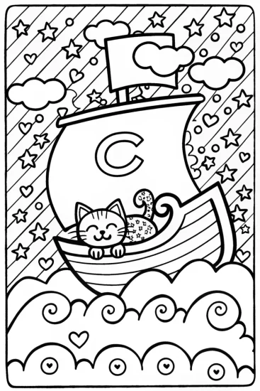 A coloring page of Cheerful Cat on Cloud Ship Coloring Page
