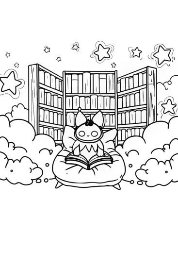 A coloring page of Kuromi’s Enchanted Book Nook Coloring Page