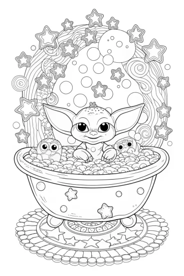 A coloring page of Baby Yoda’s Bubble Bath Adventure Coloring Page