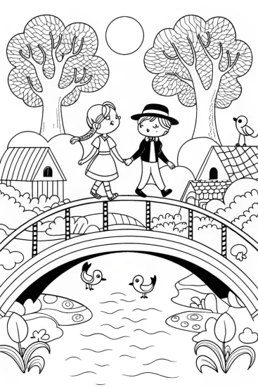 A coloring page of Rainbow Bridge Adventure Coloring Page