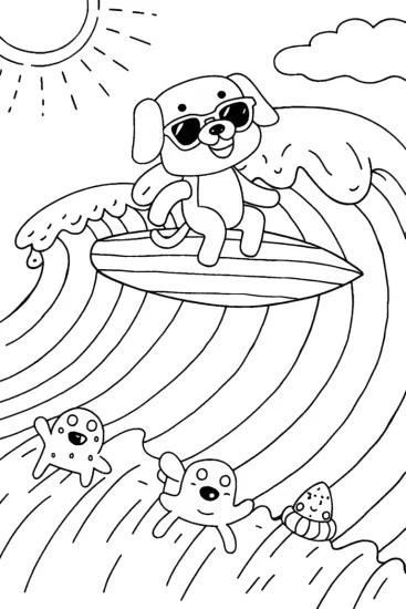 A coloring page of Surfer Dog’s Summer Adventure Coloring Page