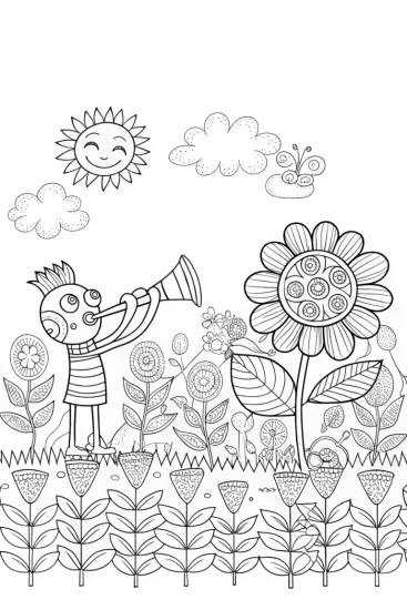 A coloring page of Bluey and Bingo’s Magical Music Garden Coloring Page