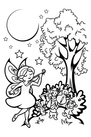 A coloring page of The Fairy and the Moonlit Symphony Coloring Page