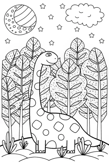 A coloring page of Dino Daydreaming Under the Stars Coloring Page