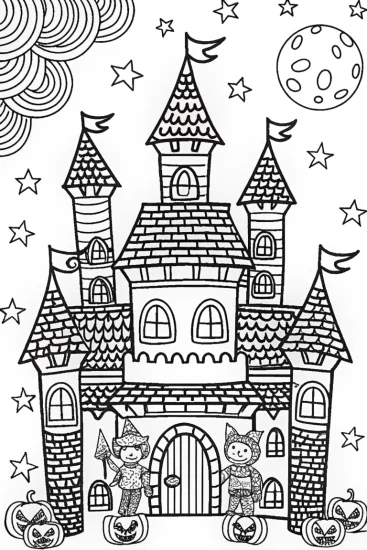 A coloring page of The Enchanted Halloween Castle Coloring Page