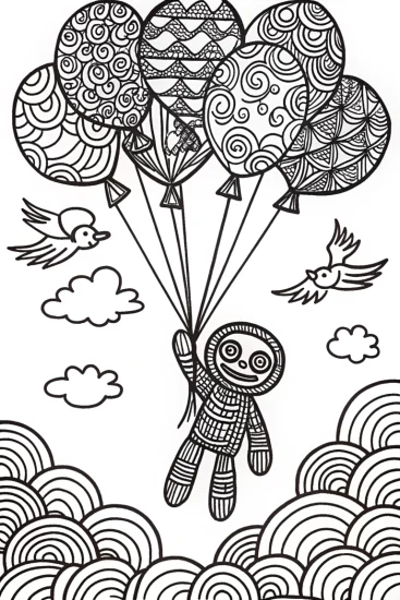 A coloring page of Huggy Wuggy’s Balloon Flight Coloring Page