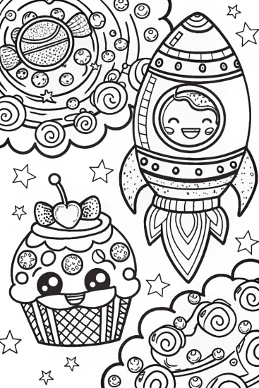 A coloring page of Cupcake rocket in the starry skies