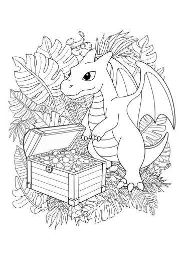 A coloring page of Charizard’s Treasure Trove Coloring Page