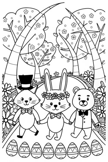 A coloring page of Easter Parade of Whimsical Creatures Coloring Page