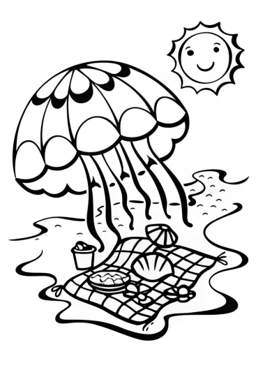 A coloring page of Jellyfish Picnic on the Beach Coloring Page