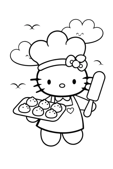 A coloring page of Hello Kitty’s Dreamy Cloud Bakery Coloring Page