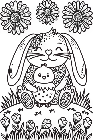 A coloring page of Bunny and Chick Snuggle Coloring Page