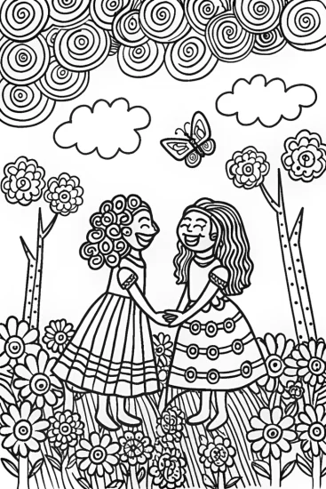 A coloring page of Mirabel and Isabela’s Magical Garden Coloring Page